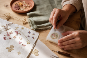 Proceso artesanal de composición con flores prensadas